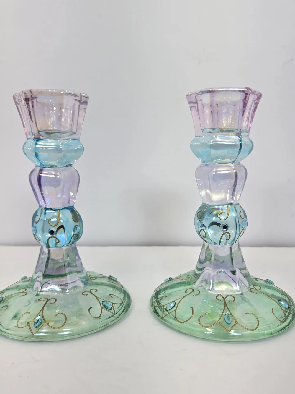 PartyLite Mardi Gras Taper Candle holder Pair Iridescent Purple, Blue, Green - Picture 1 of 5
